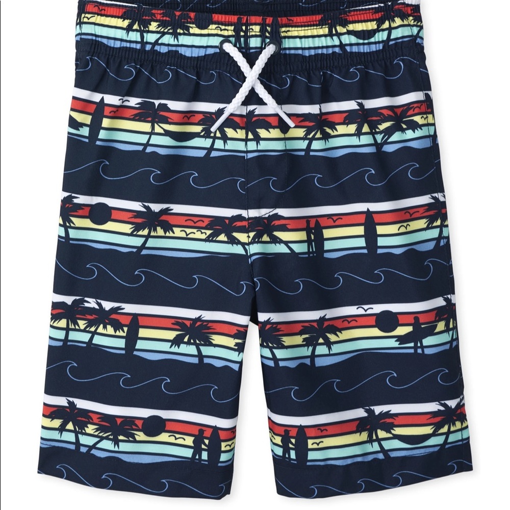 Boys Palm Tree Striped Swim Trunks